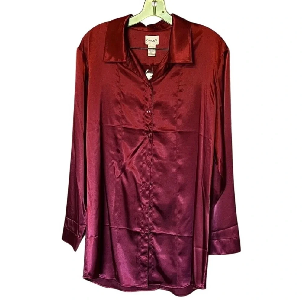 CHICO'S Button Down Satin Shirt Large (12) Cranberry Red Silky Splendor Anna Lee - Picture 3 of 11
